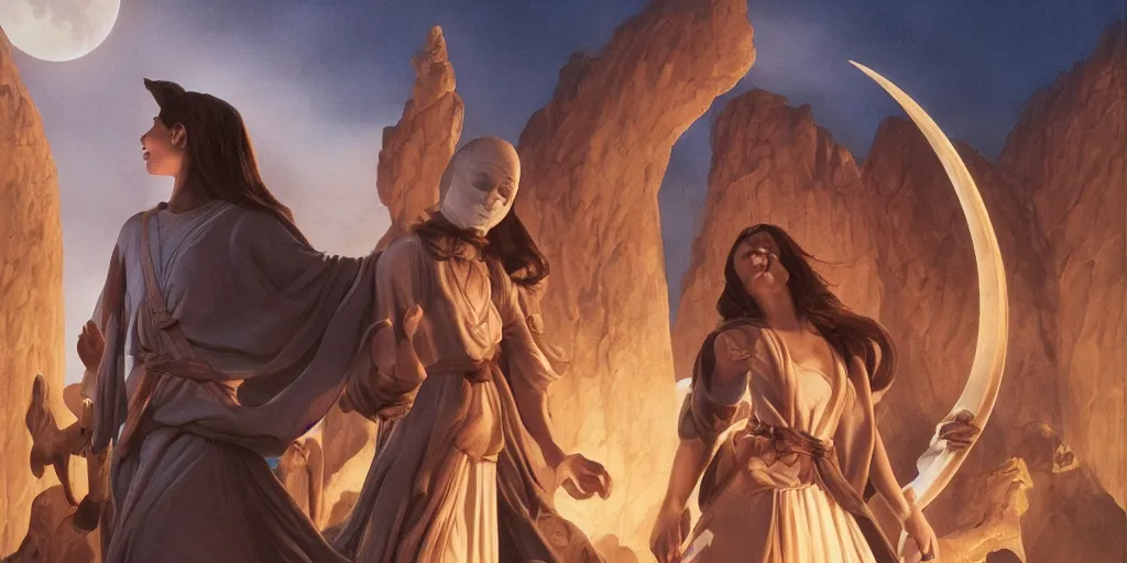 Image similar to crescent moonlit pilgrimage of the blind beautiful young woman Michael Whelan by Jeff Easley photorealistic by Edmonia Lewis, cinematic, realistic faces, detailed, intricate dramatic lighting, establishing shot, 8k resolution