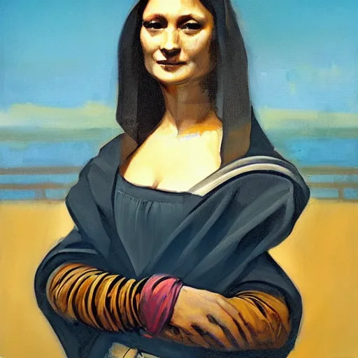 Prompt: greg manchess portrait painting of partially armored mona lisa as overwatch character, medium shot, asymmetrical, profile picture, organic painting, sunny day, matte painting, bold shapes, hard edges, street art, trending on artstation, by huang guangjian and gil elvgren and sachin teng