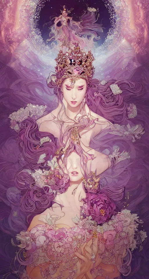 Image similar to A beautiful fantasy empress, highly detailed full body, breathtaking flower tiara, gorgeous aristocrat robe, beautiful figure, epic composition, ultra wide-shot, dynamic pose, concept art, beautifully lit, digital illustration, character design, ((sharp focus)), elegant, intricate, artstation, by WLOP and James Jean and Victo Ngai and Ryohei Hase