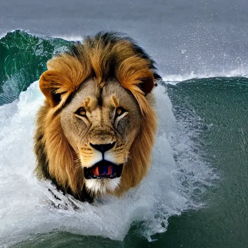 Image similar to a lion's face breaching through a wave