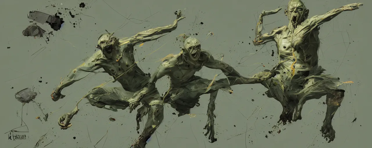 Prompt: duotone olive green grey illustration 3 / 4 portrait of gollum doing kung fu moves. dynamic chaotic composition accidental renaissance golden ratio. by sachin teng and sergey kolesov and ruan jia and heng z. graffiti art, scifi, fantasy, hyper detailed. octane render. concept art. trending on artstation