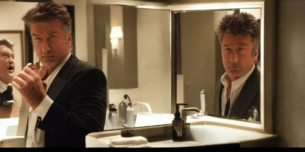 Prompt: ultra wide angle photo of alec baldwin dressed as blake, from glengarry glenn ross, looking at himself in a bathroom mirror and seeing his reflection as a hairy australopithecines like ape version of himself