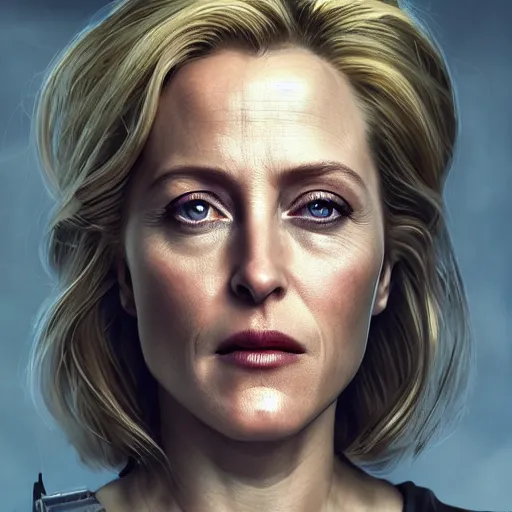 Image similar to gillian anderson portrait, dystopia core, apocalyptic, armor, warrior, dramatic, sharp focus, fiction, neon, fantasy, hyper detailed, digital art, trending in artstation, cinematic lighting, studio quality, smooth render, unreal engine 5 rendered, octane rendered, art style and nixeu and wlop and krenz cushart