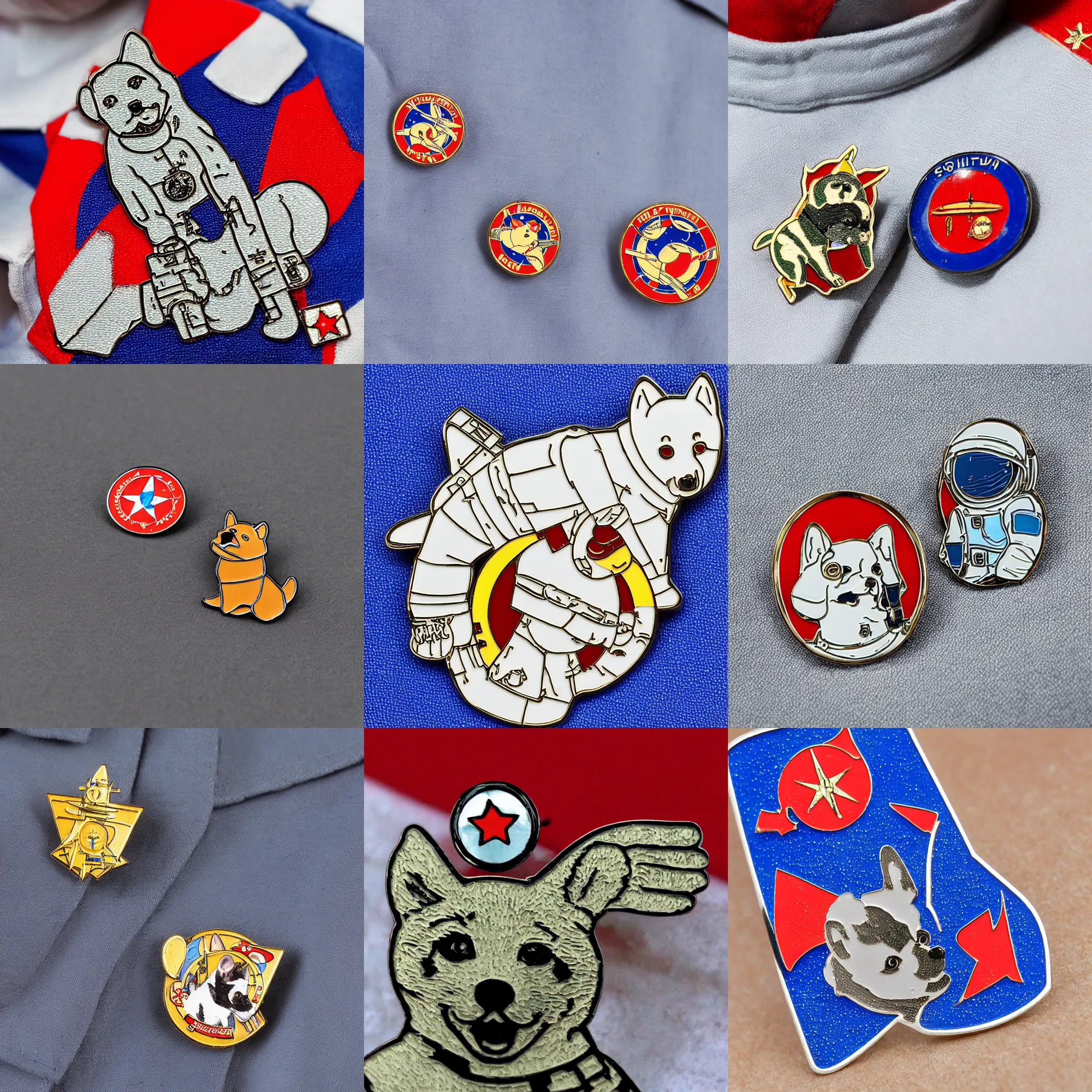 Prompt: close up of soviet enamel pin of a shibu inu cosmonaut