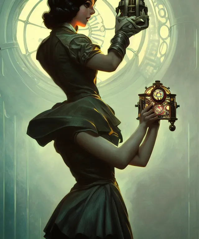 Prompt: big sister from the game bioshock, intricate, elegant, highly detailed, digital painting, artstation, concept art, smooth, sharp focus, illustration, art by artgerm and greg rutkowski and alphonse mucha