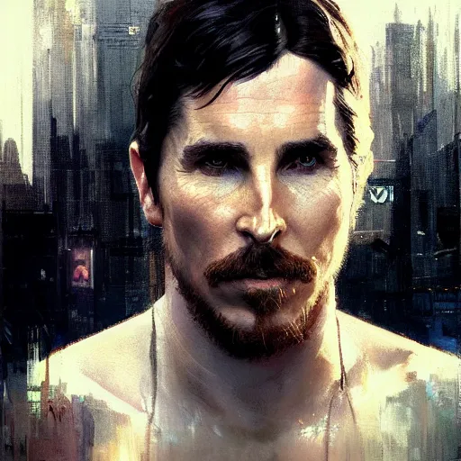 Image similar to christian bale, hyperrealistic portrait, bladerunner street, art of elysium by jeremy mann and alphonse mucha, fantasy art, photo realistic, dynamic lighting, artstation, poster, volumetric lighting, very detailed face, 4 k, award winning