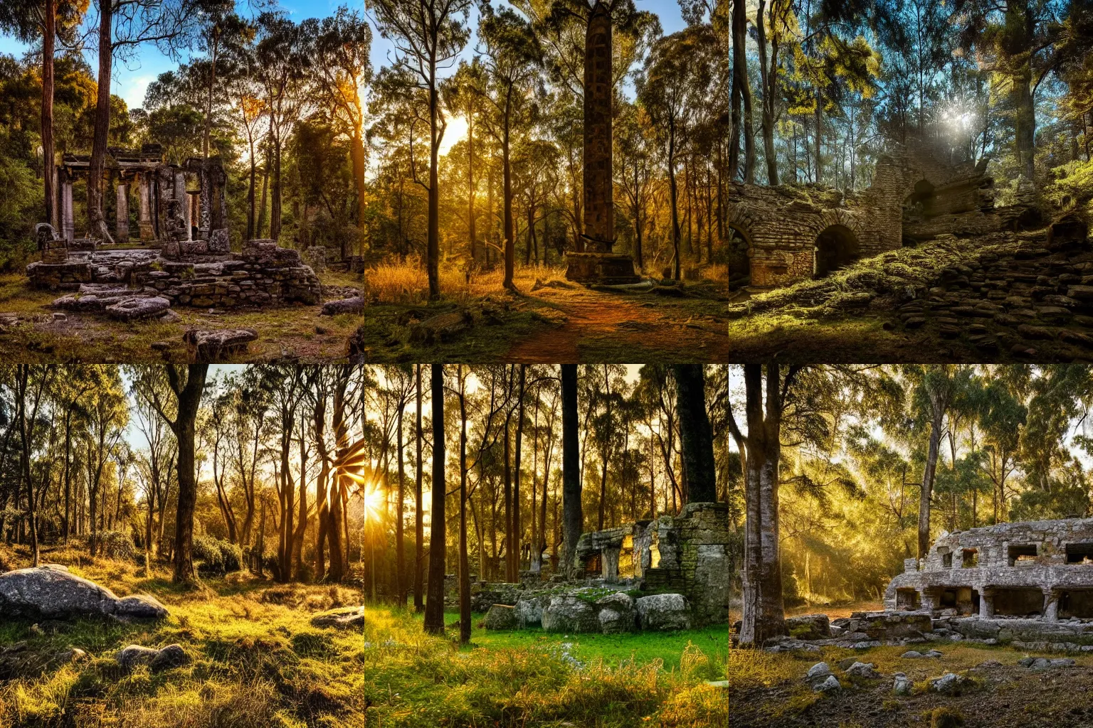 Prompt: Beautiful photo of a interesting ancient stone roman ruin in a forest, little remaining, golden hour photography, sun hidden, blue sky, trees in the background, wallpaper, 4k, Australian flora