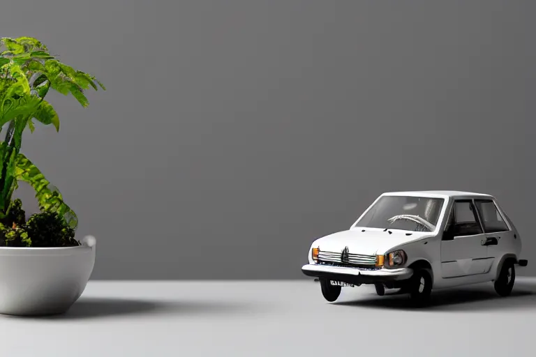 Image similar to a small miniature of a Peugeot 309 Vital on a white table near a vase with a plant, 3d render, unreal engine 5, octane render, 4k, low contrast, path tracing, serene landscape, calm, relaxing, beautiful landscape, highly detailed, high quality, product photo, hyperrealistic, concept art, symmetrical