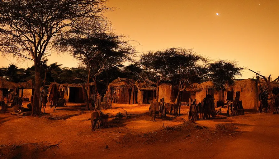 Prompt: an african village in the night, dramatic light, establishing shot