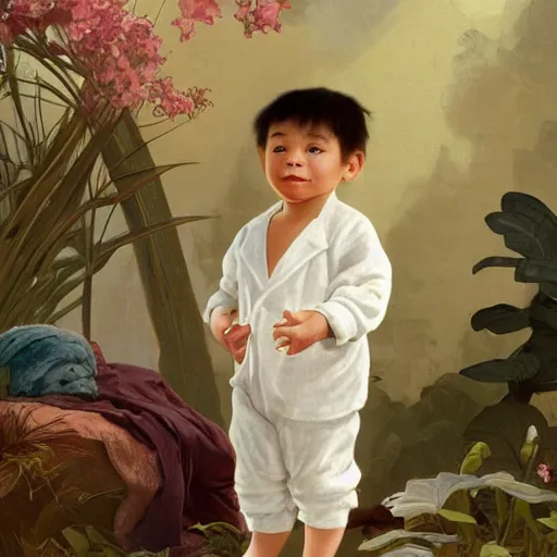 Image similar to young boy wearing white fabric pajama with cartoon paintings on it standing infront of a small furry smiling monkey. highly detailed, digital painting, artstation, concept art, smooth and sharp focus, cg by tian zi and wlop and alphonse mucha