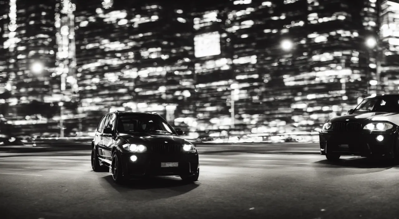 Image similar to photo of a black bmw x 5 2 0 0 3 at night driving fast through a city, cinematic, 4 k, long exposure photography, tokyo drift, fast and furious, kodak portra 4 0 0