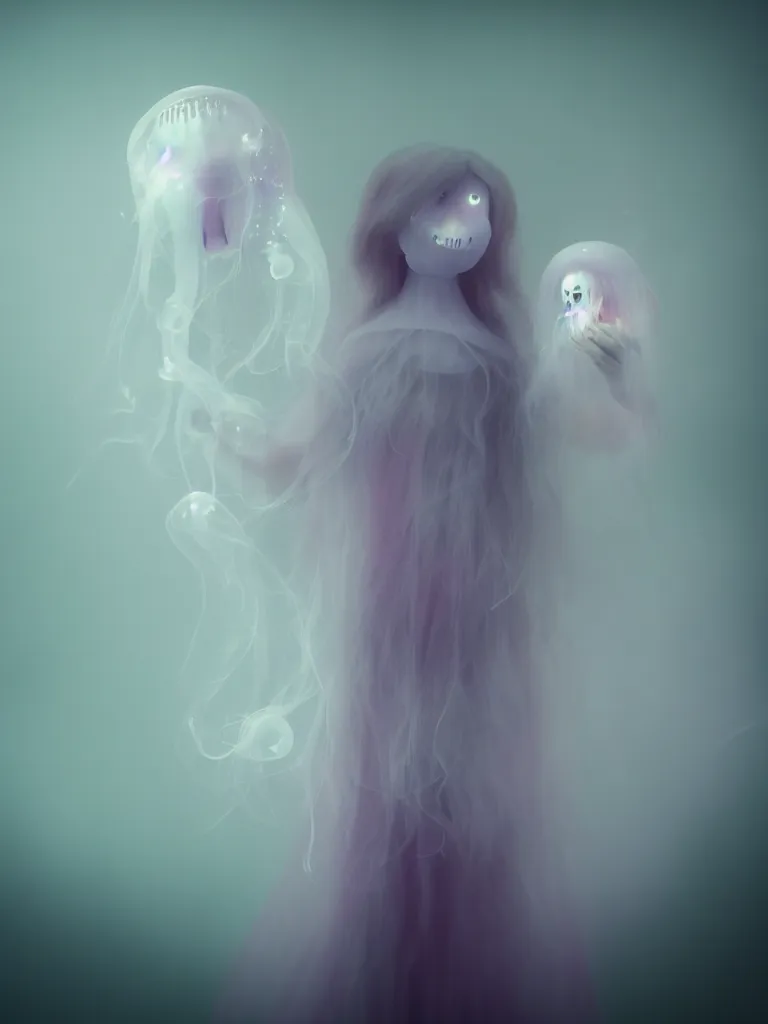 Image similar to cute fumo plush smiling ectoplasmic gothic macabre jellyfish ghost girl, glowing wisps of hazy smoke and volumetric fog, lens flare, vignette, bokeh, refraction, vray