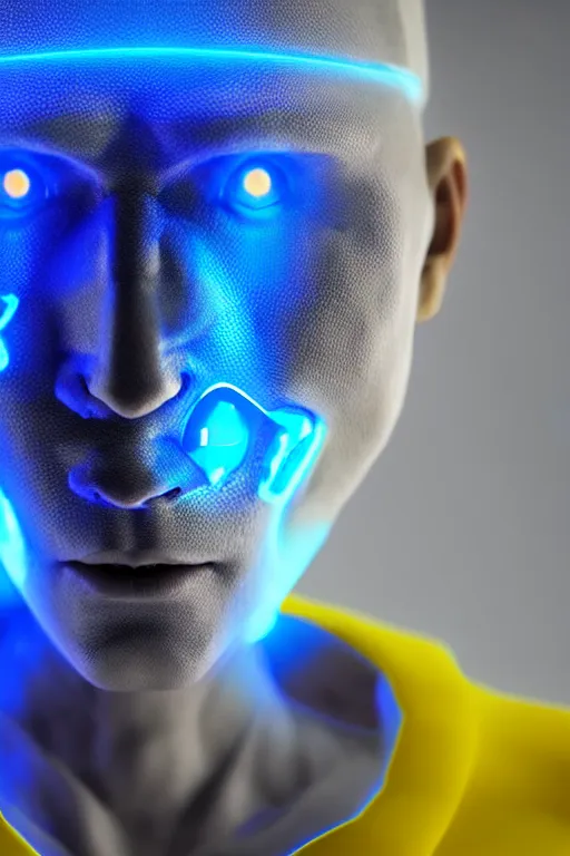 Image similar to hyperrealistic close-up blue glowy exoskeleton!! chinese man covered highly detailed concept art eric zener elson peter cinematic side soft yellow light low angle hd 8k sharp shallow depth of field