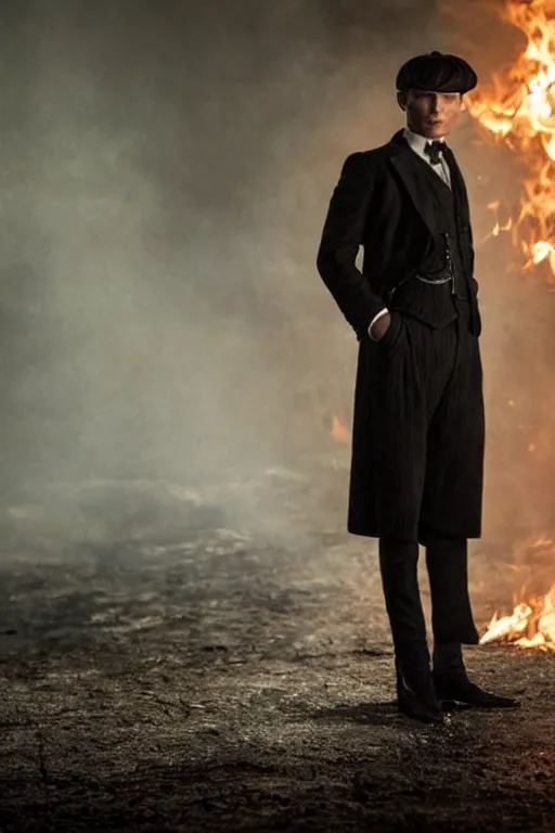 Prompt: Full-body portrait of Cillian Murphy in Peaky Blinders standing, fire in the background, dramatic, gloomy, dark, bleak, cheerless, desolate, impressive, tragic, cinematic, dull colours, dark colour scheme, atmospheric, high quality