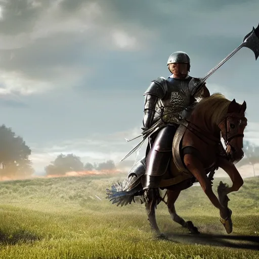 Prompt: a hero from the war of the roses riding an armored horse into battle with a lance and shield, epic, glory, high detail cinematic lighting