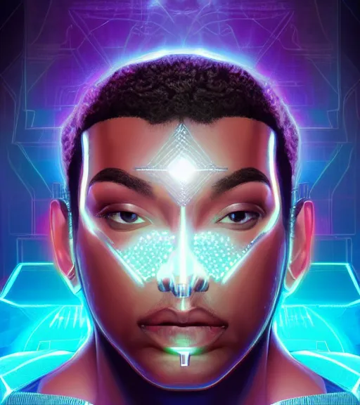 Image similar to symmetry!! egyptian prince of technology, solid cube of light, hard edges, product render retro - futuristic poster scifi, lasers and neon circuits, brown skin man egyptian prince, intricate, elegant, highly detailed, digital painting, artstation, concept art, smooth, sharp focus, illustration, dreamlike, art by artgerm