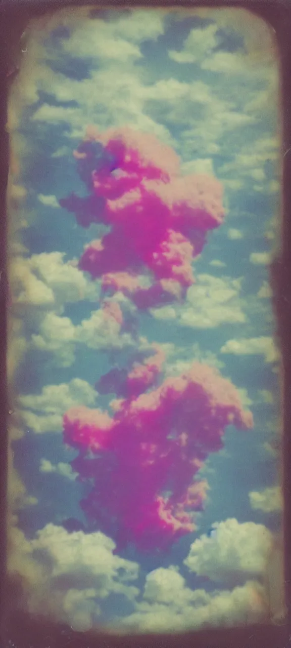 Image similar to polaroid of everything made from cotton candy, smoke, and clouds, mix, DADA collage, texture, lomography, fashion neon light in darkness