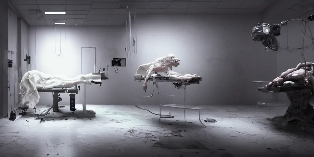 Image similar to High-tech white laboratory with horrible creature on the operating table, horror, dark cinematic, volumetric, realistic, 3d render, Realistic Render, Cinematic lighting, Volumetric lighting, atmospheric, cinematic, unreal engine, unreal engine render, octane render, HD, photorealism, hyper realistic, photo, 8K, in the style of Chris Cunnigham, by Wes Anderson