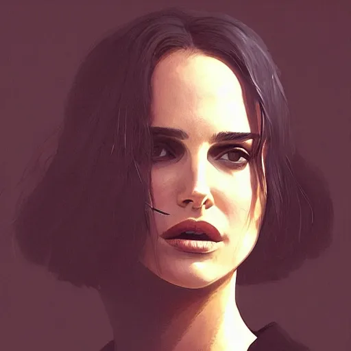 Image similar to closeup portrait of natalie portman from the movie leon the professional, hitman, city background, dramatic light, gorgeous view, depth, high detail, digital art, painted by greg rutkowski and seb mckinnon, by tim burton, trending on artstation