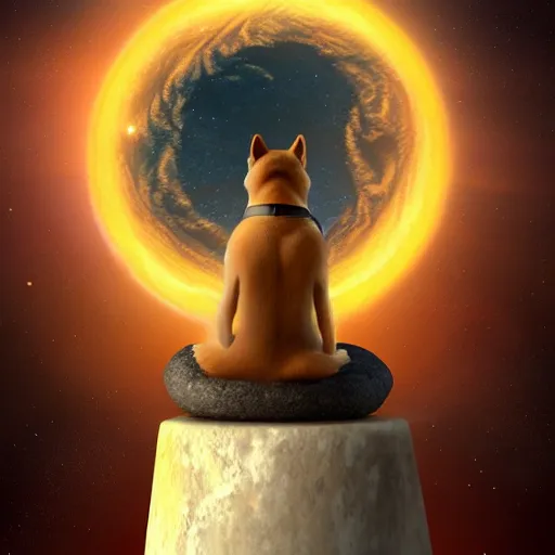 Prompt: A Shiba inu monk sits on a floating rock and travels through the universe , Artstation