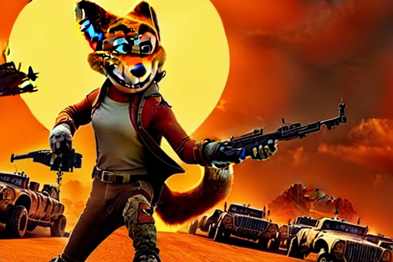 Image similar to nick wilde, heavily armed and armored facing down armageddon in a dark and gritty reboot from the makers of mad max : fury road : witness me