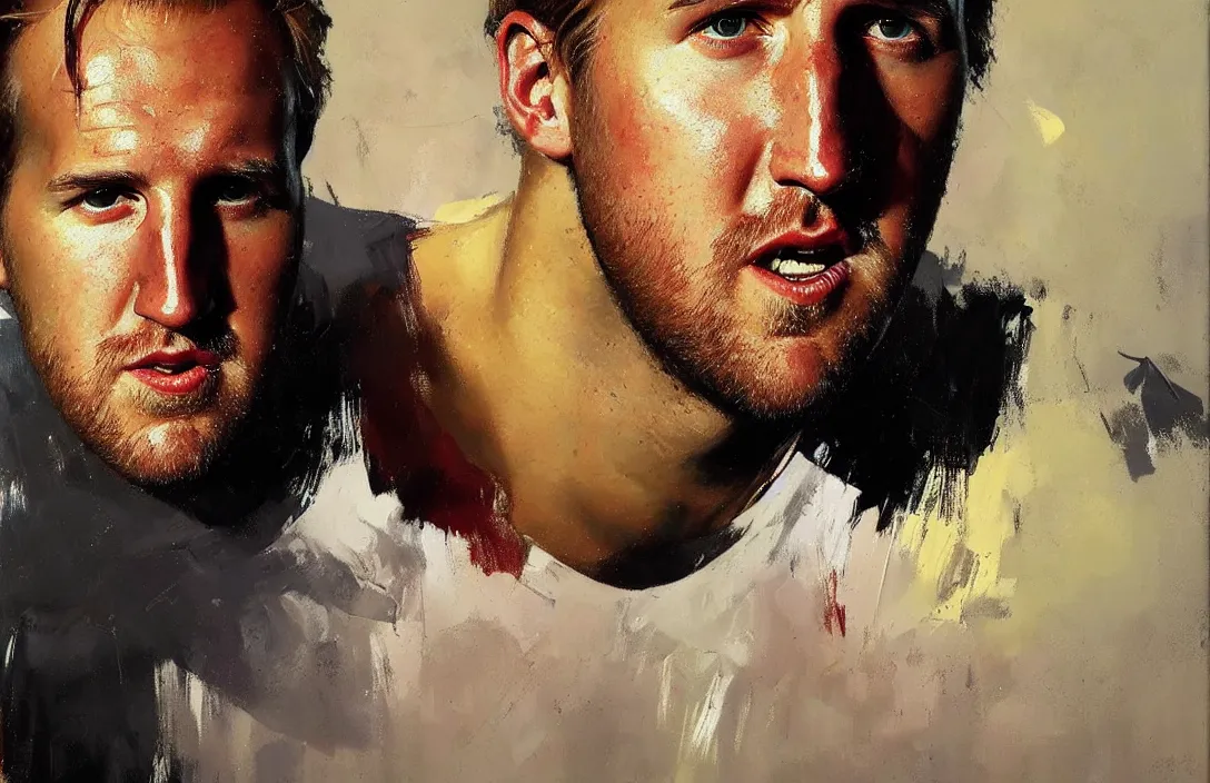 Image similar to portrait of harry kane!!!!!!!!!!!!!!!!!!!!!!!!!!!, detailed face, detailed painting, epic lighting, by ilya repin, phil hale and kent williams