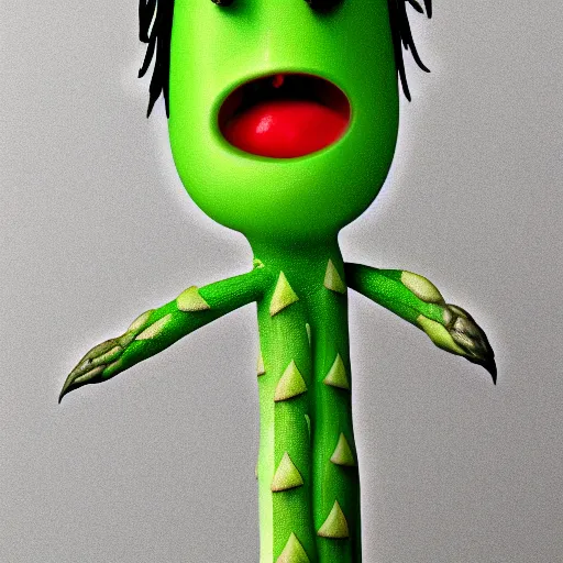 Image similar to poorly rendered asparagus character with scary face