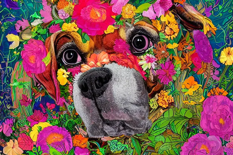 Image similar to a painting of a cute puppy with a lot of flowers and plants on its head, poster art by android jones, behance contest winner, generative art, made of flowers, grotesque, concert poster