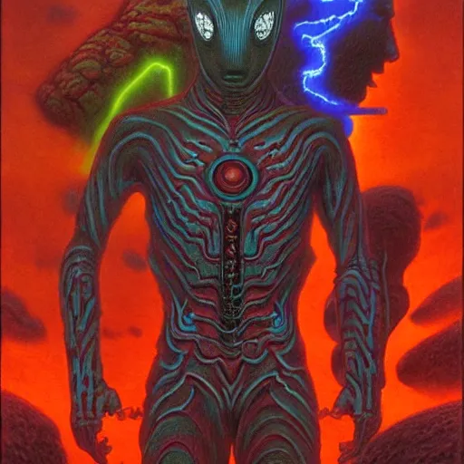 Image similar to ultraman vs chtulhu by beksinski and tristan eaton, dark neon trimmed beautiful dystopian digital art