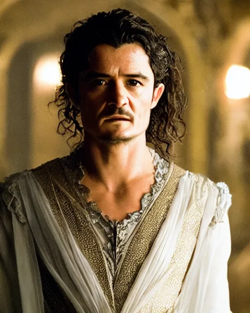 Image similar to Orlando Bloom in the role of galadriel, film still, high detail