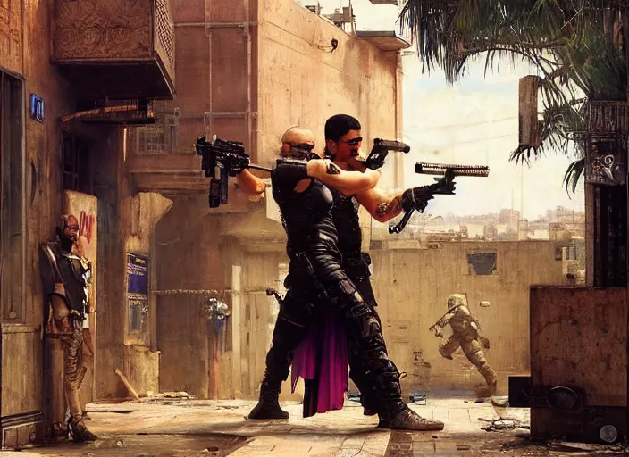 Prompt: Maria evades pvt griggs. Cyberpunk hacker escaping Cyberpunk cop. (police state, Cyberpunk 2077, blade runner 2049). Cyberpunk Iranian orientalist portrait by john william waterhouse and Edwin Longsden Long and Theodore Ralli and Nasreddine Dinet, oil on canvas. Cinematic, Realistic Proportions.