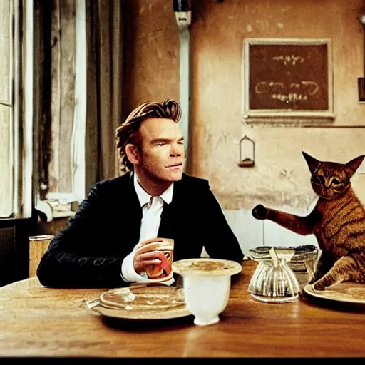 Image similar to ewan mcgregor is sitting at table in a cafe at paris in early 2 0 th century. next to him is a brown cat licking milk from little saucer, atmospheric feeling, warm colours, brown colours, yellow colours, epic scene, cinematic, very detailed