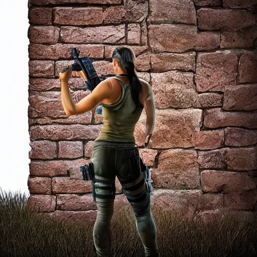 Image similar to a woman that looks similar to lara croft leaning against a brick wall. She is on the right side of the image, you can see the left side of her body. The scene is at night, lit by the moon. It feels like the scene is in some sort of super realistic virtual reality simulation. You can see the city behind her, everything feels like super advanced cgi graphics with ray tracing. Trending on artstation