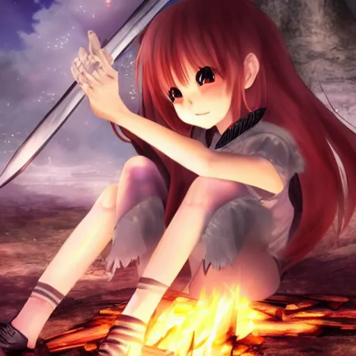 Prompt: A beautiful anime girl sitting by a Dark Souls bonfire holding a moonlight greatsword