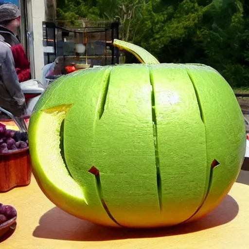 Prompt: melon carved as duck, fruit carving