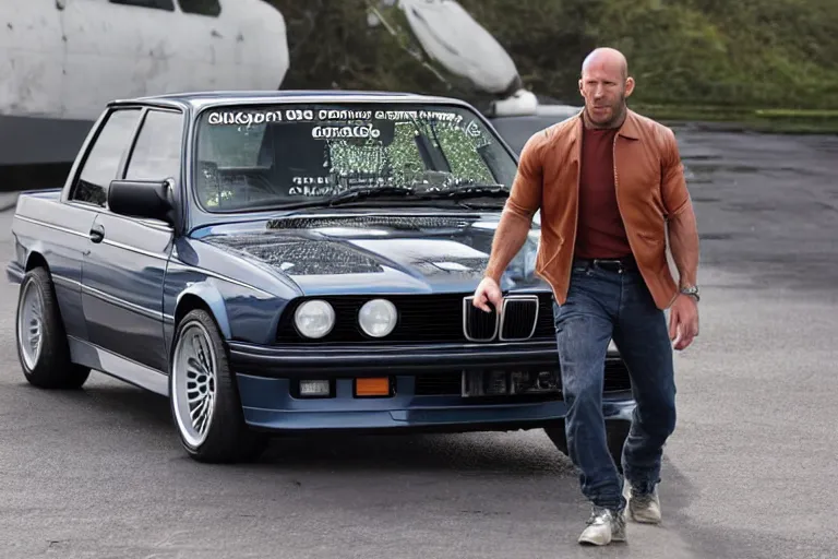 Image similar to giant Jason Statham picks up a BMW e30