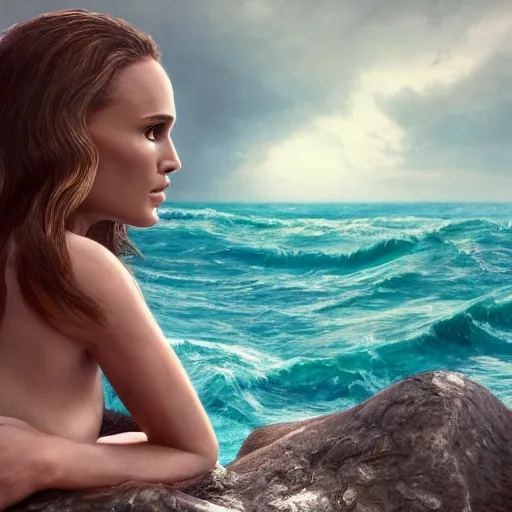 Image similar to Natalie Portman as a beautiful mermaid sitting on a rock in the middle of a stormy ocean, watching the seagulls flying above her, fantasy painting, hyperrealistic, hyperdetailed, depth of field, High definition, 8k, octane render, artstation