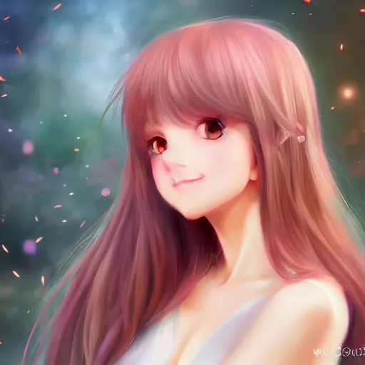 Prompt: cute girl smiling blushing kawaii lovely art drawn in art style of WLOP full HD 4K highest quality realistic beautiful gorgeous natural WLOP artist painting