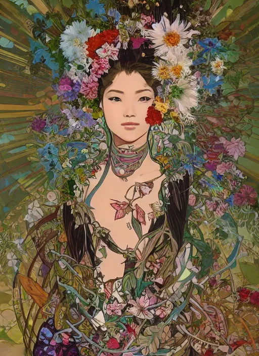 Prompt: !!! very coherent!!! oil painting, beautiful floralpunk iban cyborg portrait girl female illustration detailed patterns art of sarawak traditional dress, flower pop art, floral splash painting, art by ashley wood, alphonse mucha, makoto shinkai, geof darrow, dark shadow