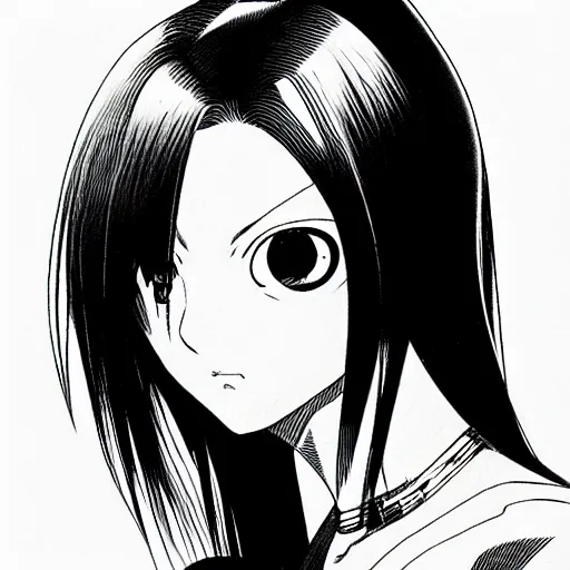 Image similar to alita by yukito kishiro. medium shot. black and white manga. pencil drawing. high detailed face