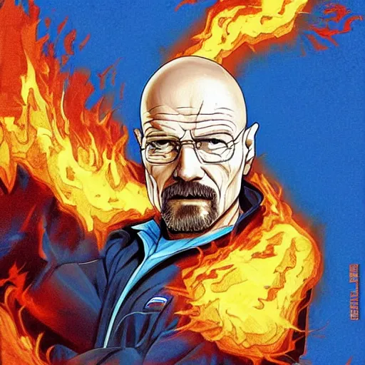 Image similar to buff Walter White kicking blue fire, accurate anatomy, accurate hands, highly detailed, digital art, epic, masterpiece,