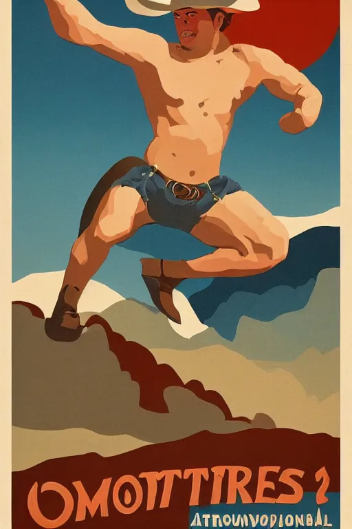 Prompt: Vintage travel poster of a shirtless cowboy! in a mountain scene, ((fat)), homoerotic, art deco, art nouveau, retro, trending on artstation