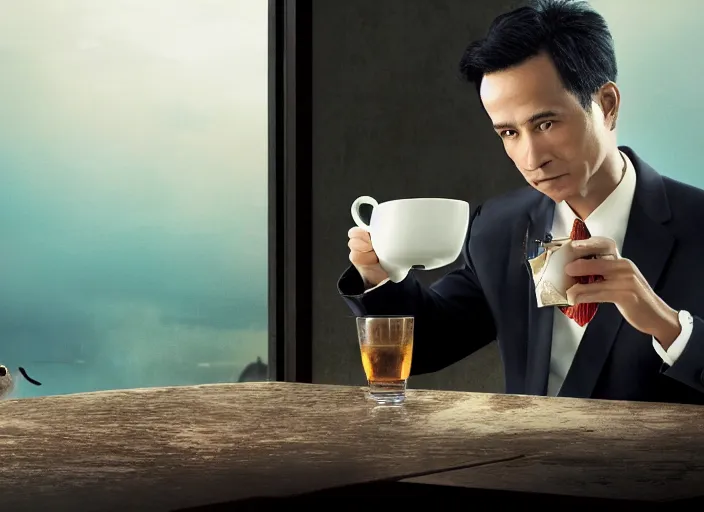 Image similar to A very high resolution image from a new movie, A Weasel wearing a suit drinks tea in a shabby Chinese room, surrounded by water vapor,beatiful backgrounds,dramatic Lighting, directed by hao ning