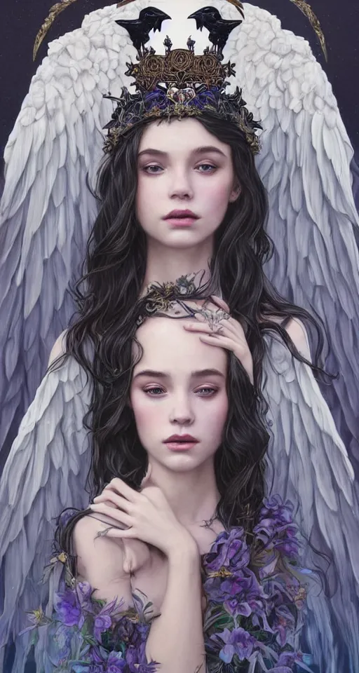 Prompt: beautiful young girl wearing a crown and sadness in her eyes, ravens around her, skulls, vaporwave aesthetic, synthwave, intricate, elegant, highly detailed, digital painting, wearing long gown, angelic wings, artstation, concept art, smooth, sharp focus, illustration, art by artgerm and greg rutkowski and alphonse mucha