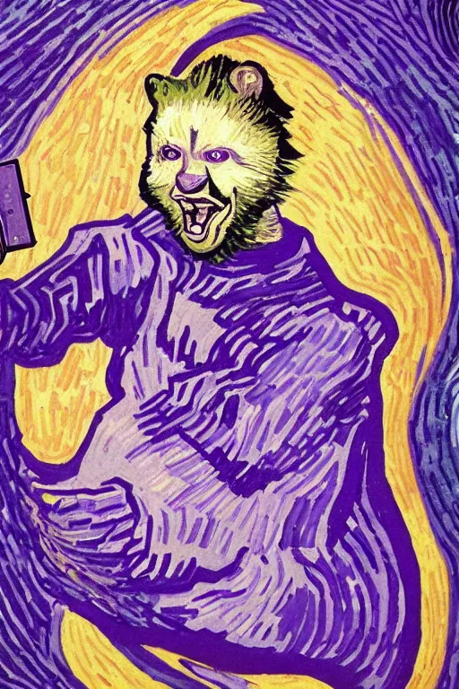 Prompt: selfie laughing purple space racoon by van Gogh style