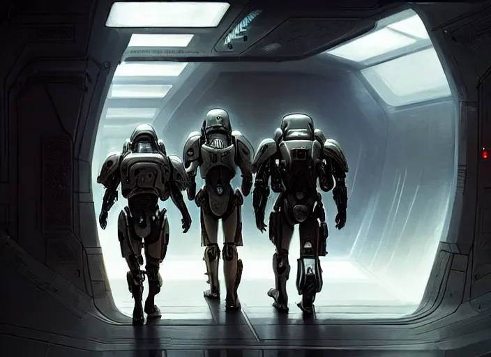 Prompt: hyper realistic sci - fi matte concept art painting of two armored cyborg soldiers walking cautiously down a starship's hallway, intricate detail, low angle, brightly lit, beautiful details, strong composition painted by kim jung guweta studio rutkowski, james gurney and greg rutkowski, and lucasfilm, smooth, intricate, detailed, sharp focus, cinematic, mass effect