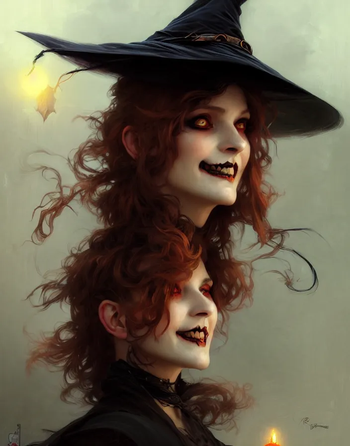 Prompt: halloween witch woman in a hat smiles, fantasy magic by ruan jia, undercut hairstyle, dark light night, intricate, elegant, sharp focus, illustration, highly detailed, digital painting, concept art, matte, art by wlop and artgerm and greg rutkowski and alphonse mucha, masterpiece