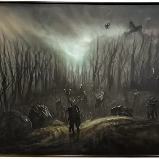 Prompt: big dark landscape, fantasy world, chilling overwhelming oil painting, brutal unforgiving creatures waiting in the shadows, hopeless and dreadful sounds of tortured people