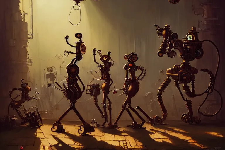 Image similar to steampunk robots dancing by otto dix and greg rutkowski and andreas rocha, cinematic lighting, highly detailed, 4 k