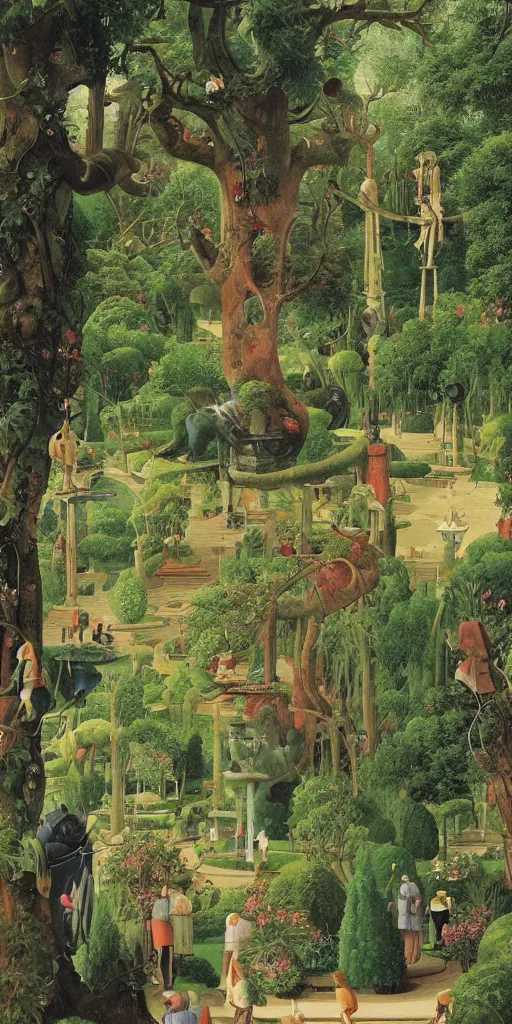 Image similar to bosch and beeple painting of a magnificent garden filled with remarkable sculptures, trees, and structures, incredible details